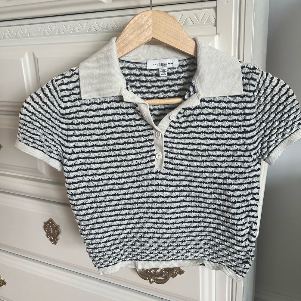 Club Monaco Black and White Striped Knit Polo Shirt All Cotton